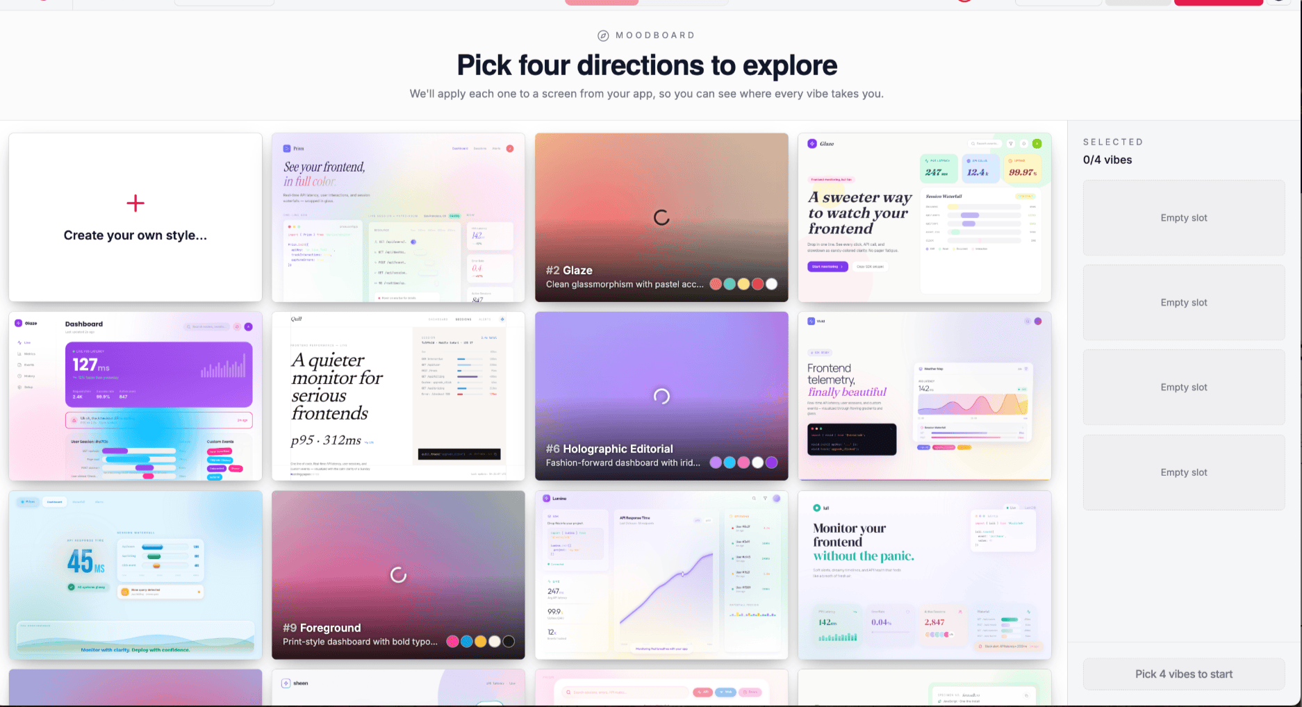 Mowgli moodboard grid — directions for a SaaS monitoring dashboard, ranging from glassmorphism to holographic editorial to print-style bold typography