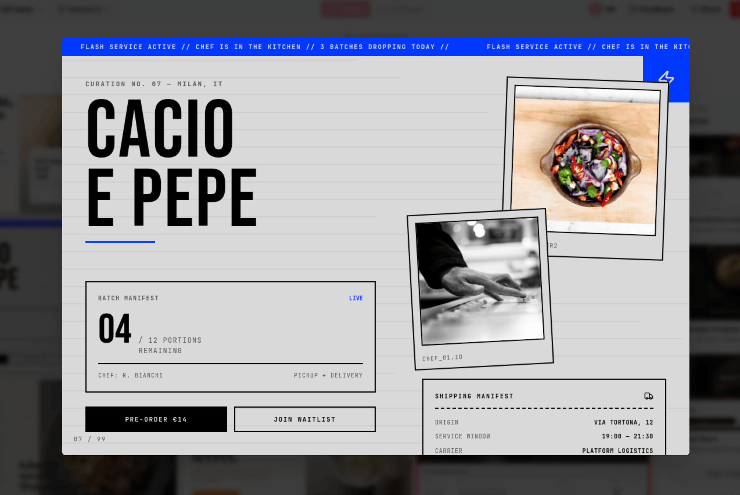 Mowgli moodboard direction — bold editorial, "CACIO E PEPE" in massive type, blue accents, Polaroid photography, shipping manifest UI