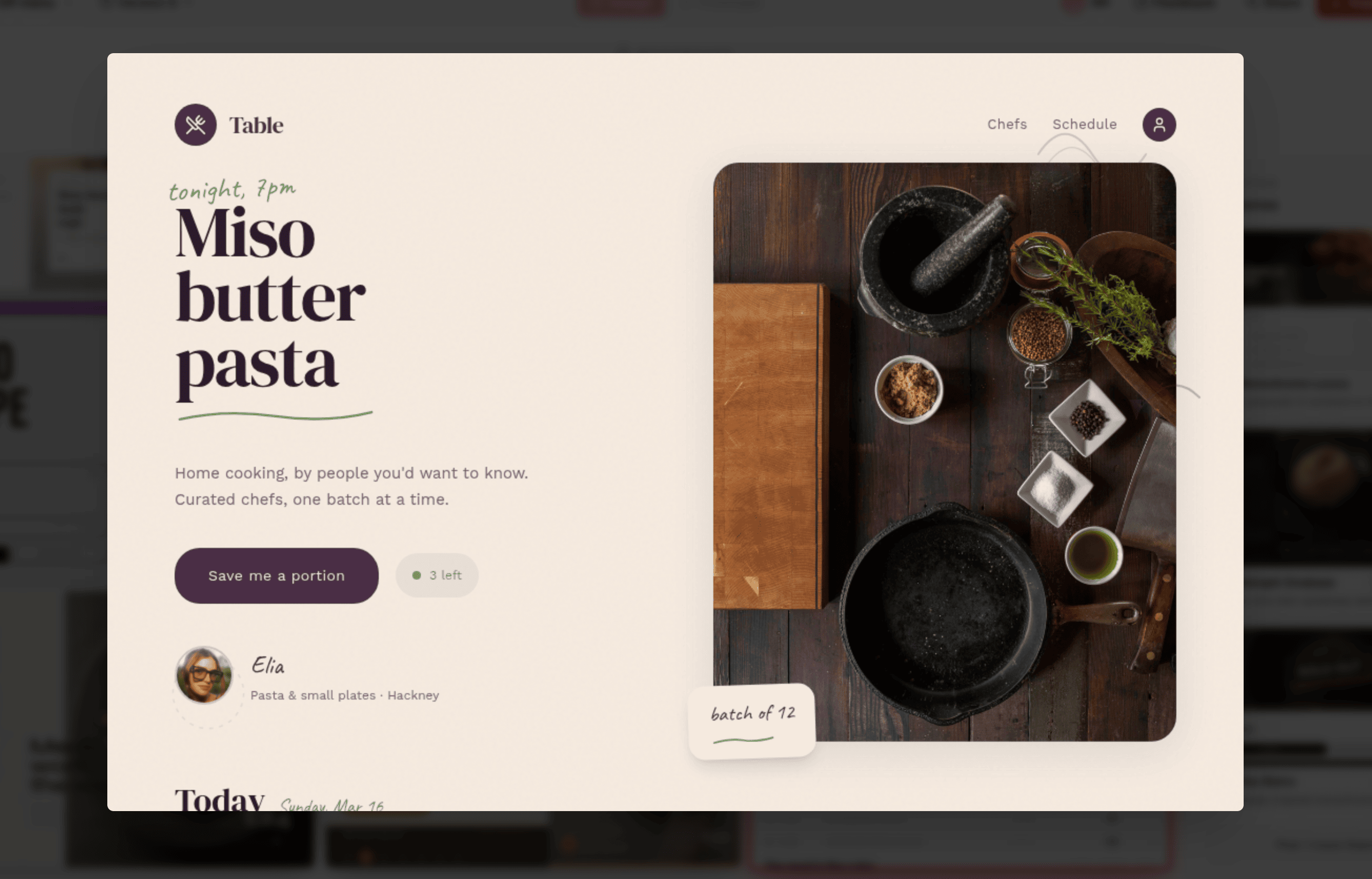 Mowgli moodboard direction — "Table", warm cream and deep purple, "Miso butter pasta", artisanal editorial feel