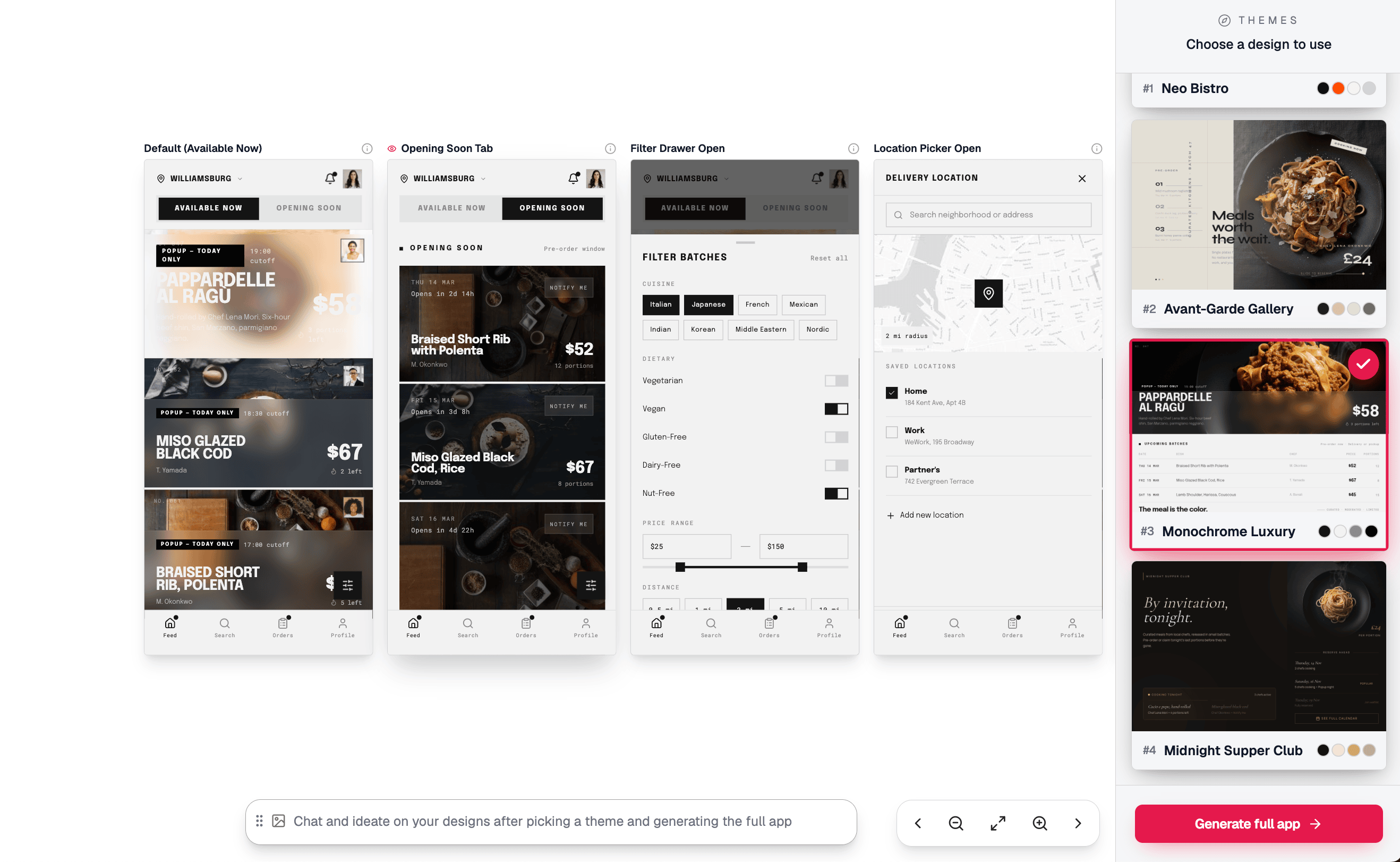 Mowgli preview step — Monochrome Luxury and Midnight Supper Club visible in theme panel alongside other shortlisted directions