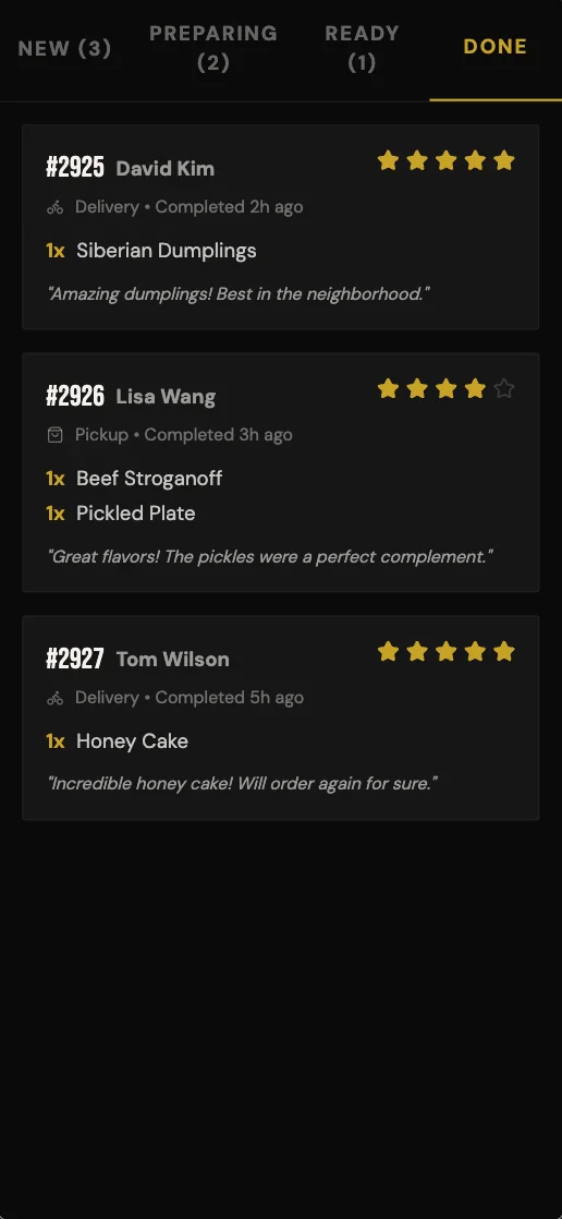 Off Menu - Completed Orders