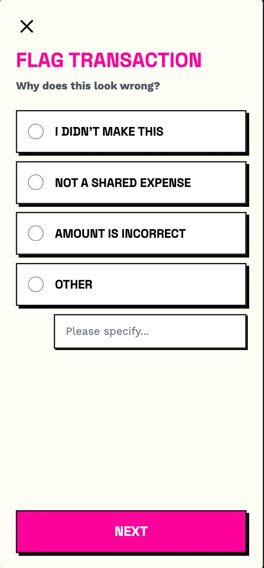 Splitto - Step 1: Reason Selection